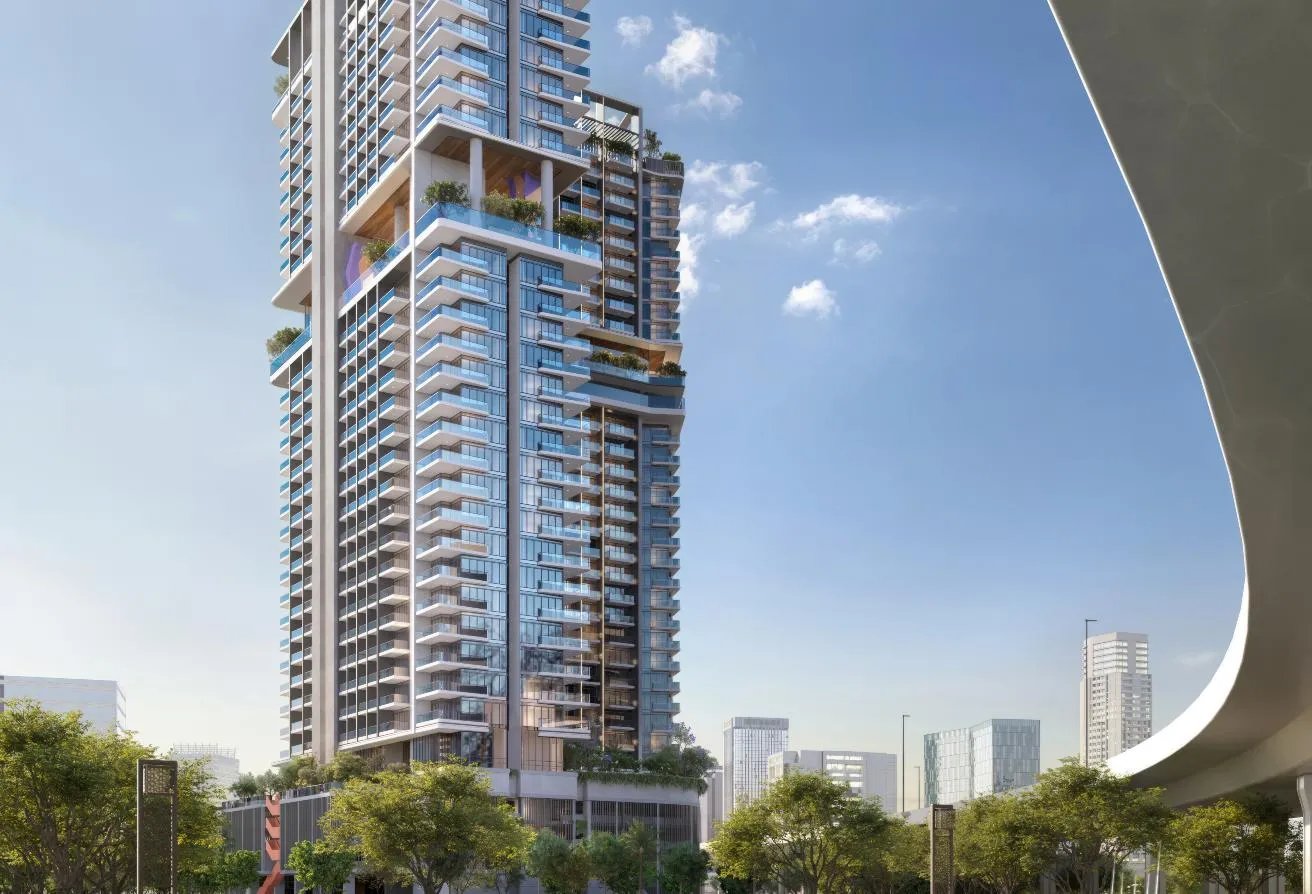Render of the Rove Home Marasi Drive tower in Business Bay, its full height against a blue sky