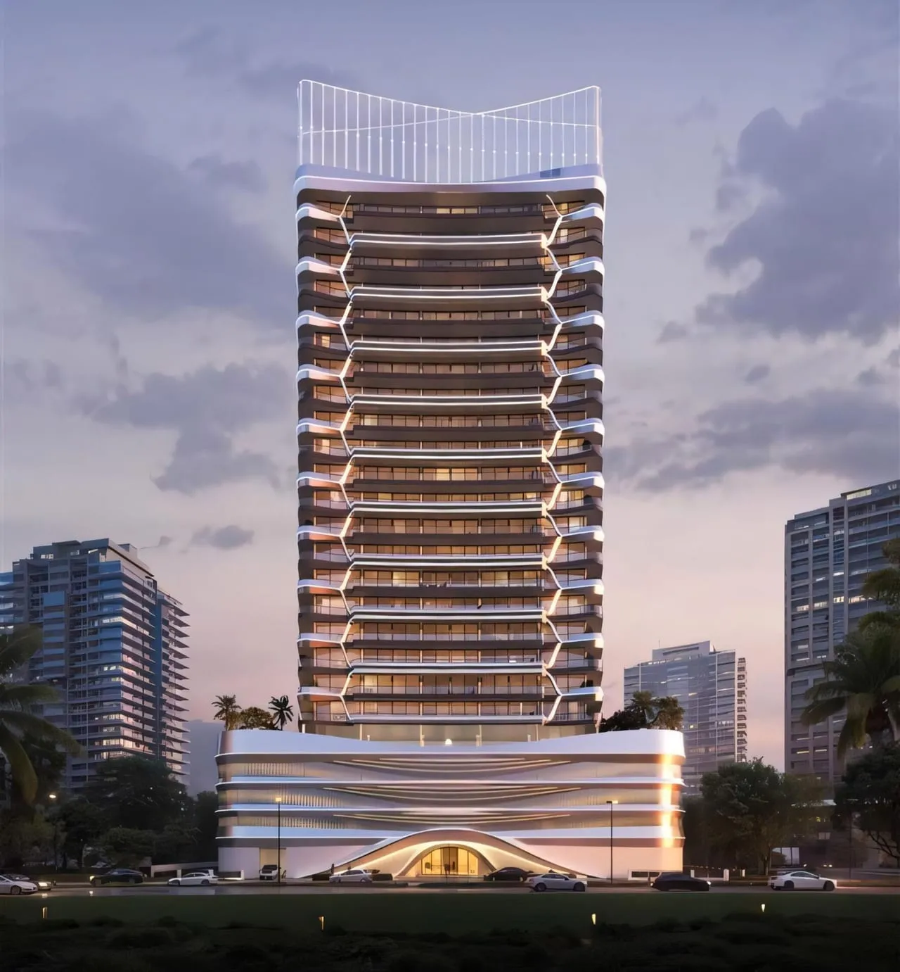 The tower at twilight from the road, its curved balcony bands lit and the entrance canopy glowing at the base