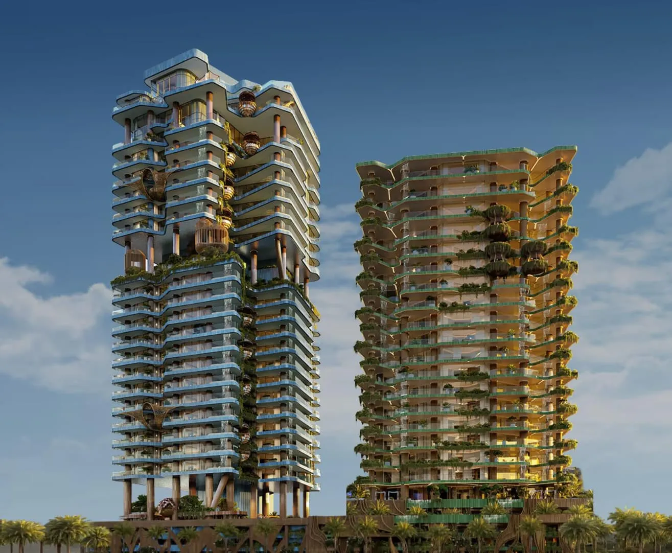The two towers stand side by side against a clear sky, planting spilling from every curved balcony slab