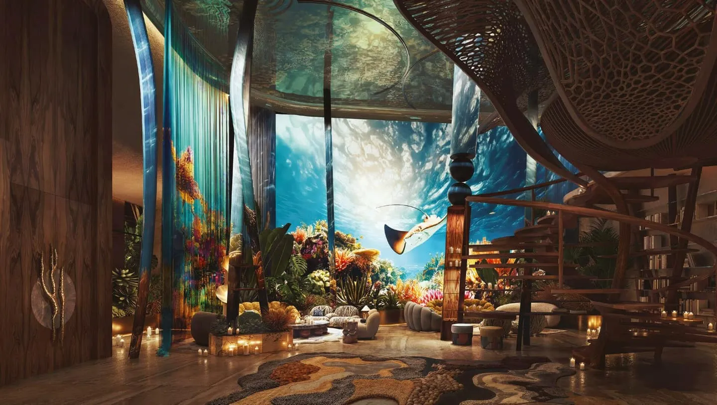 A room lined with a backlit underwater scene, boulders set along the floor and woven pendants overhead