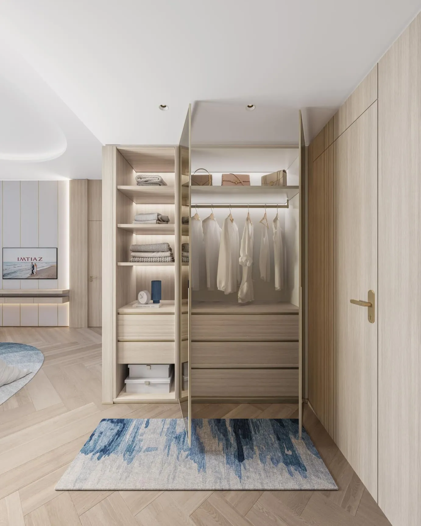 A walk-in wardrobe with open shelving and hanging rails, shoes and folded clothes lit from within