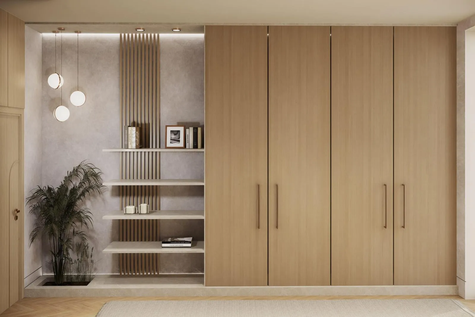 A fitted wardrobe with slatted wood doors and open display shelving