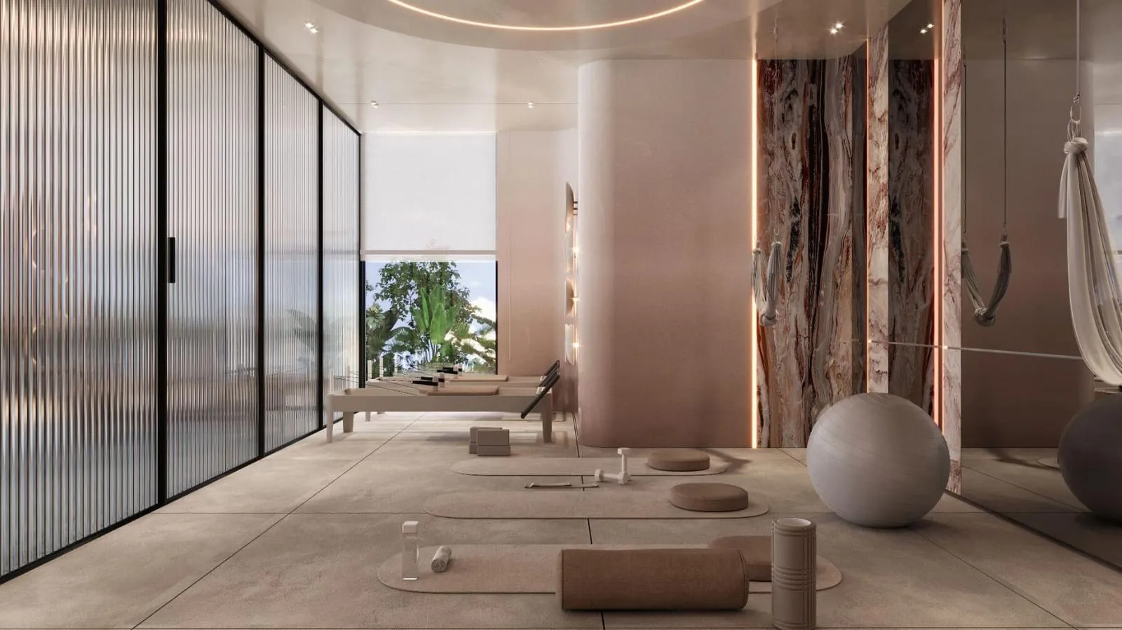 A corridor of frosted glass partitions and wood flooring leading past the wellness area