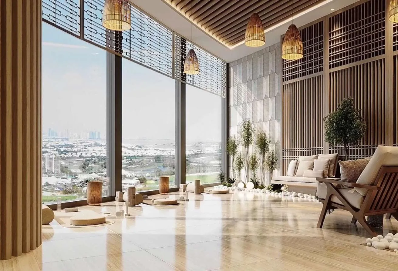 Render of a double-height wellness lounge with floor-to-ceiling windows