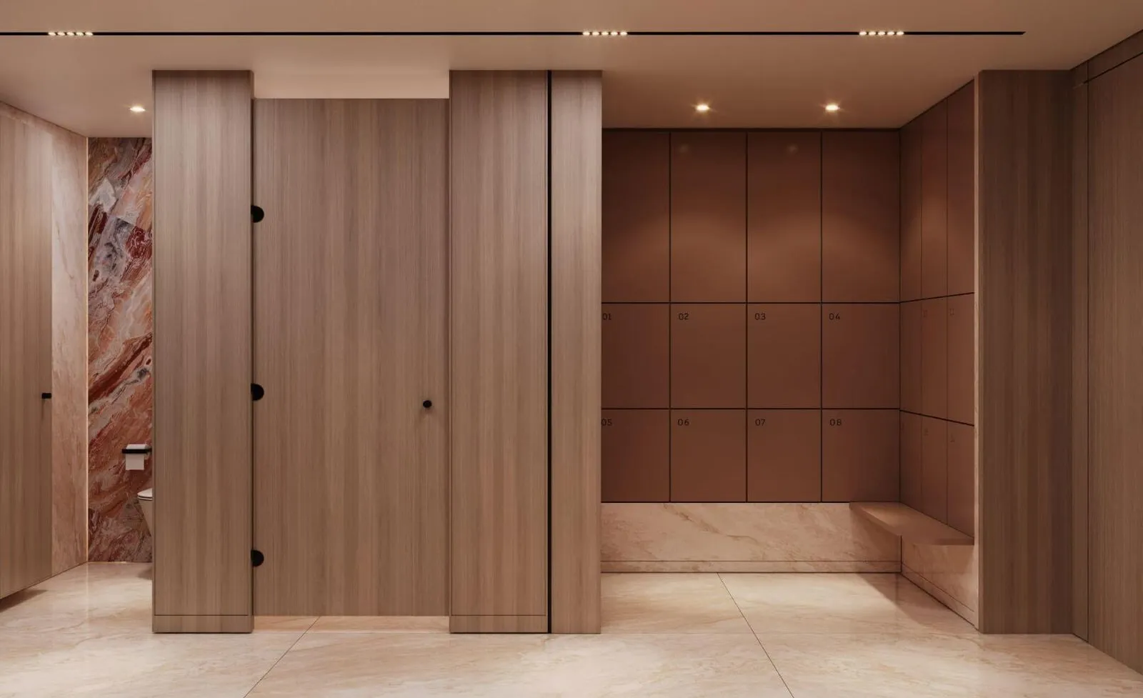 A quiet nook with wood-slatted walls and a sculptural object displayed on a plinth