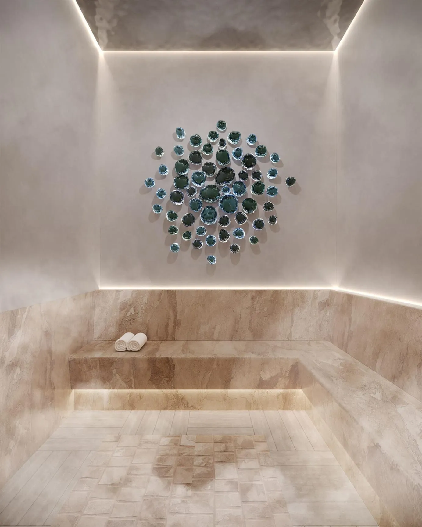 Wellness relaxation lounge finished with artistic wall detailing.
