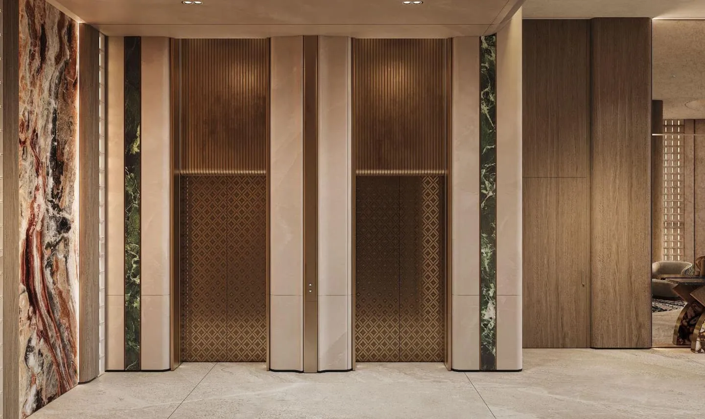 A corridor lined with alternating wood and marble panelled doors
