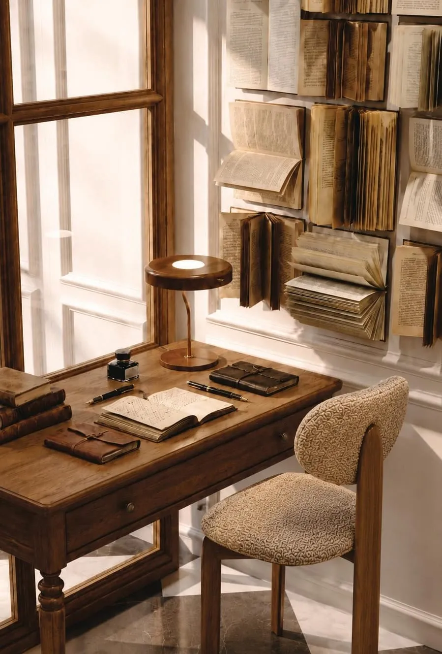 A writing desk by the window, an inkwell and bound notebooks on it and open books mounted on the wall behind