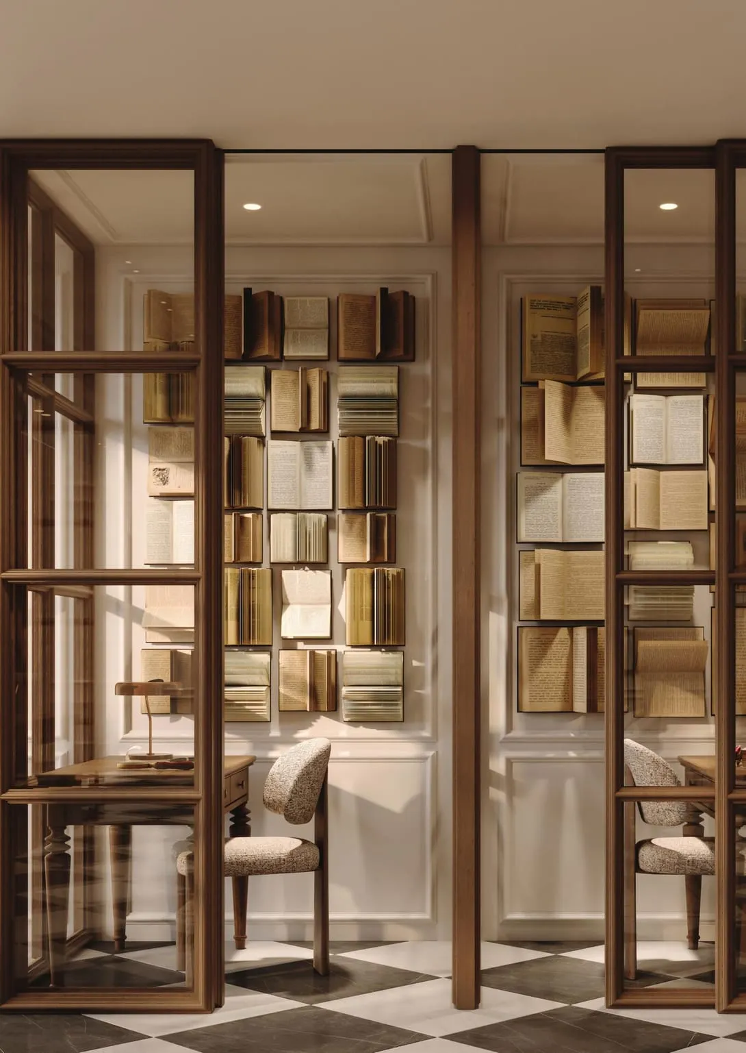 Glazed writing booths, each with a desk and a wall of open books behind it