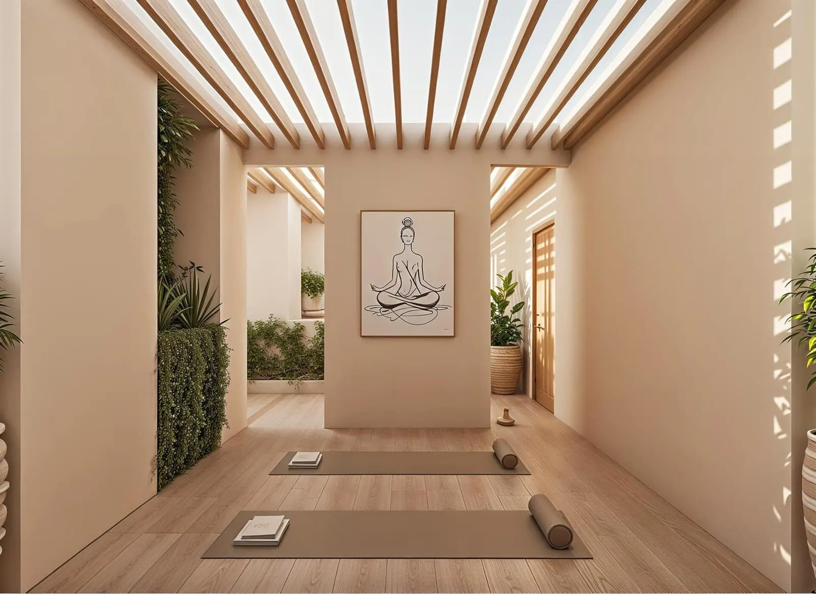 A wood-panelled yoga room with mats laid out and framed artwork on the wall